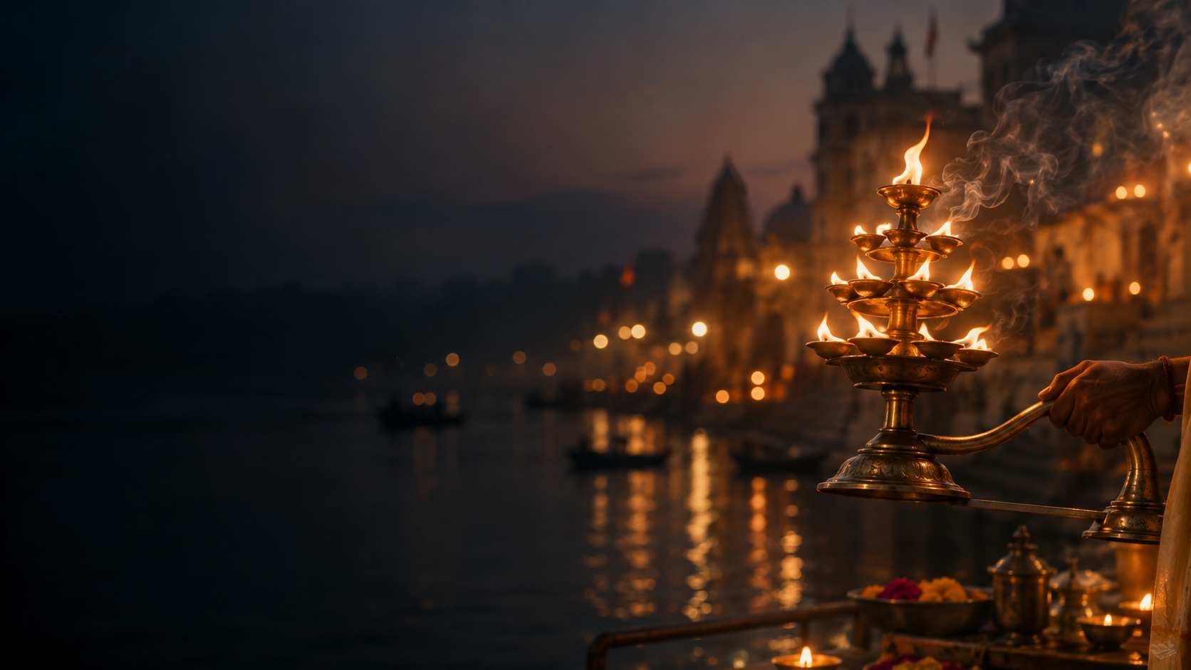 A glowing brass aarti lamp against a softly lit temple-inspired backdrop