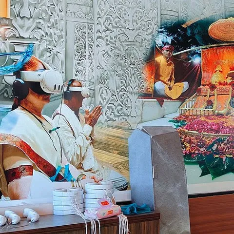 A 6D machine beside the VR headsets at the Vaishno Devi Kendra